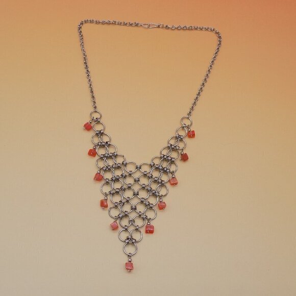 Vintage Mesh Choker Bib Necklace Silver Tone Orange Glass Square Beads - Picture 3 of 11